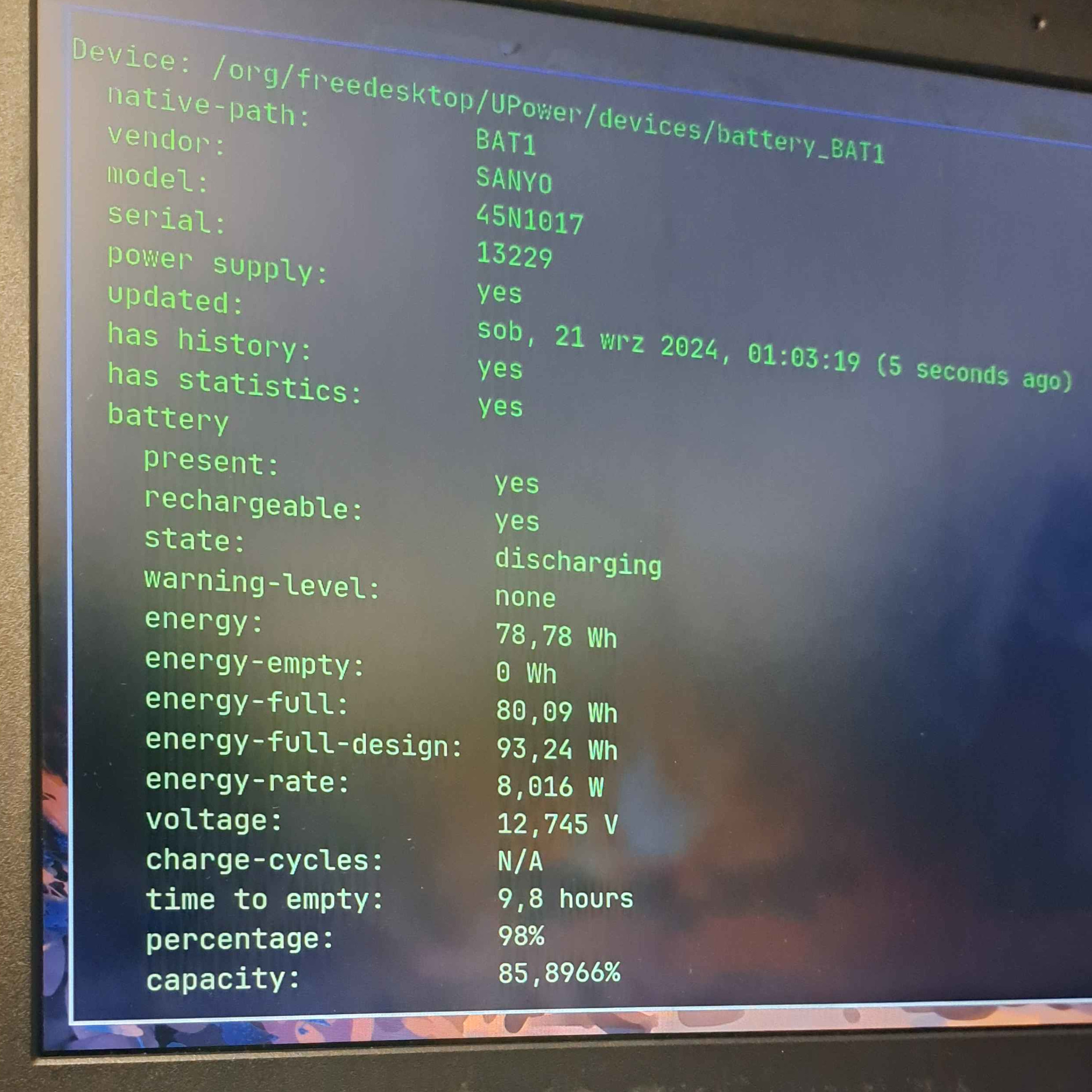 UPower info for the slice battery